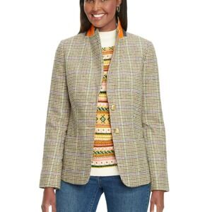 Talbots Plaid‎ Tweed Blazer Jacket, Orange Trim, Gold Buttons, Career